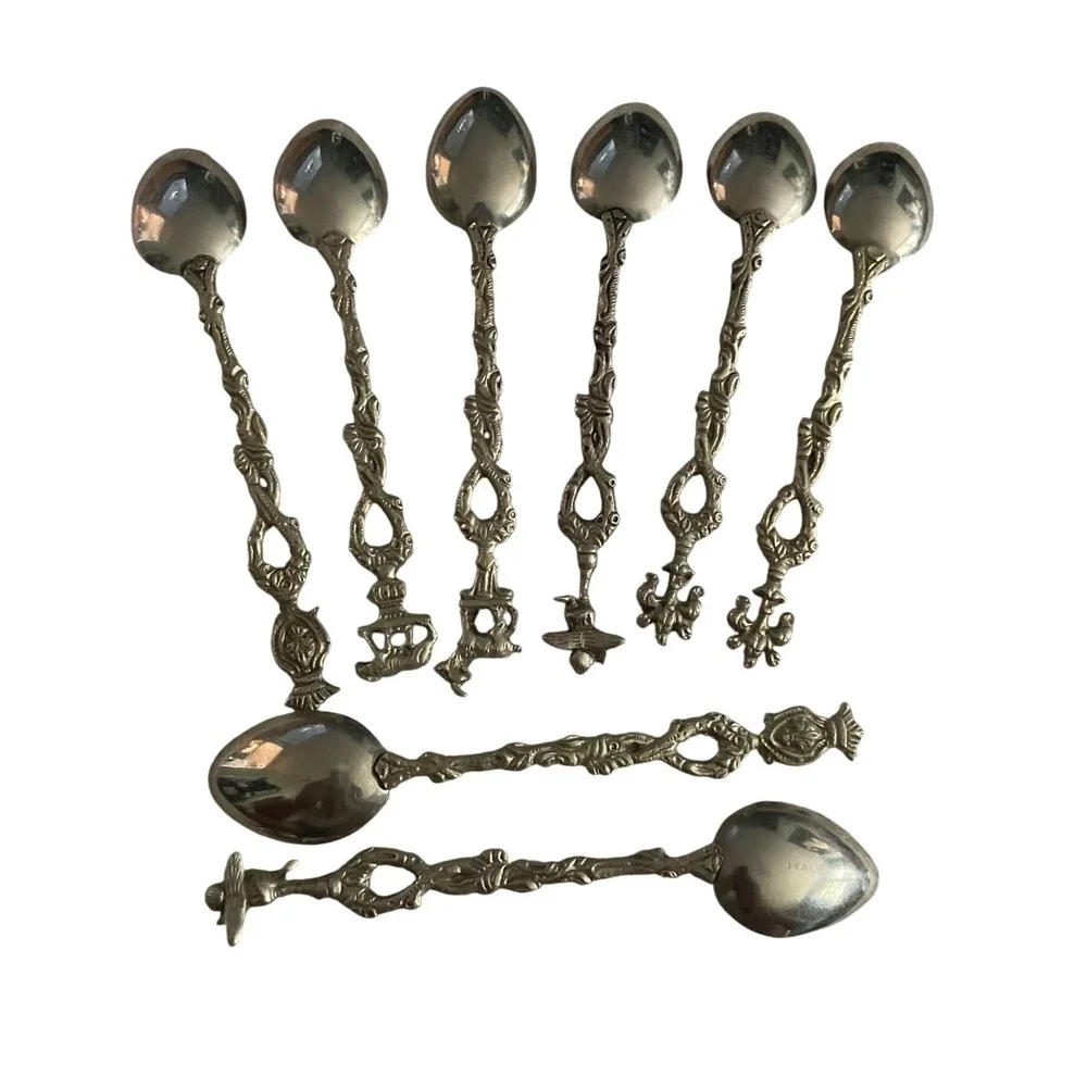 Vintage Italian Silver Tone Demitasse Souvenir Spoons Set of 8 Figural Handles